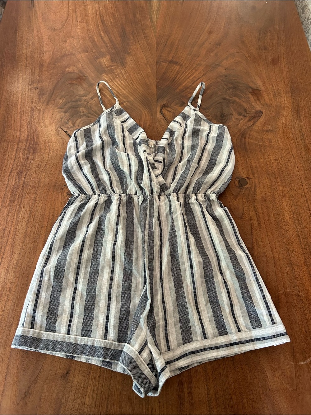 Striped Navy and White Girls' Linen-Blend Romper